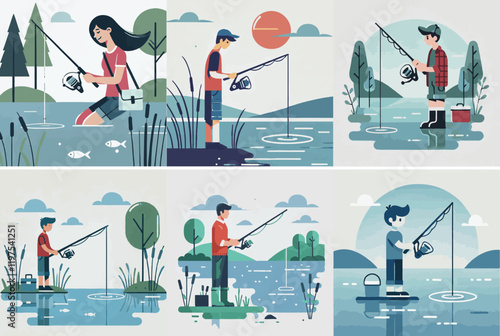 Vector set of a teenager fishing in a lake or river with a simple and minimalist flat design style, white background