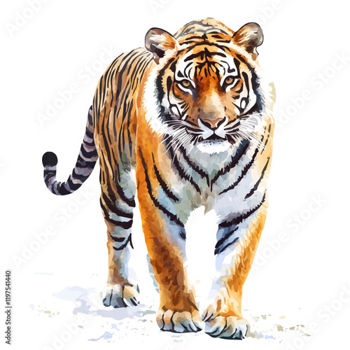 A watercolor drawing of a tiger, isolated on a white background. Animal vector.

