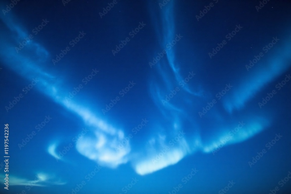 Fototapeta premium wispy blue clouds, ethereal atmosphere, cirrus clouds, bioluminescent glow, dreamlike celestial scene, deep blue background, whispy cloud formations, surreal skyscape, mystical ambiance.