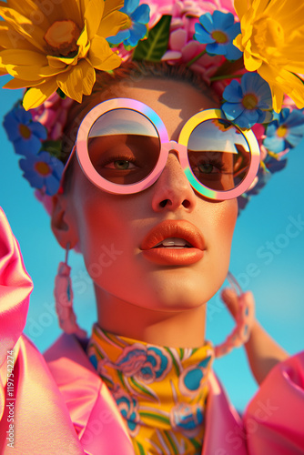 Wallpaper Mural A sunny and retro-inspired portrait of a woman wearing oversized pink sunglasses and a floral headpiece. Bright colors and a summer vibe. Torontodigital.ca