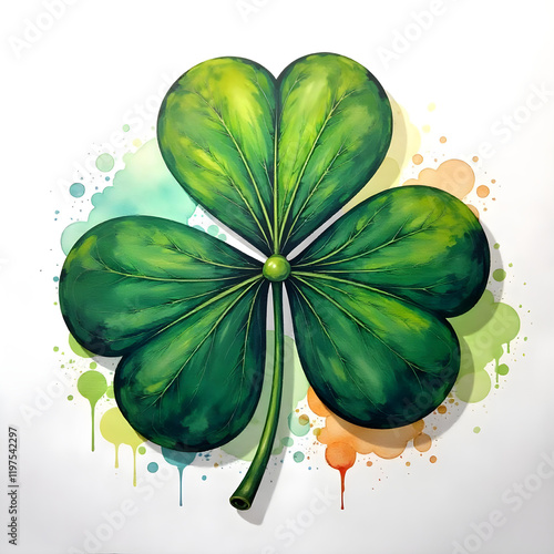 Watercolor A green shamrock shaped leaf with intricate patterns and textures, against a white background, four leaf clover, st patricks day illustaration photo