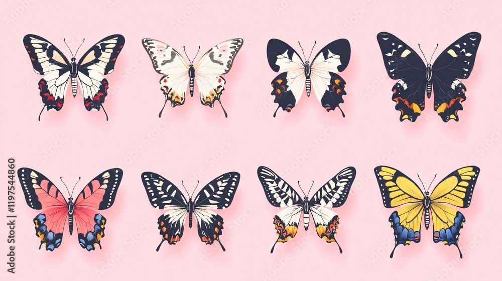 Obraz premium Colorful Butterflies and Insects Sticker Style Art in Nature - Animal Illustration for Design Projects