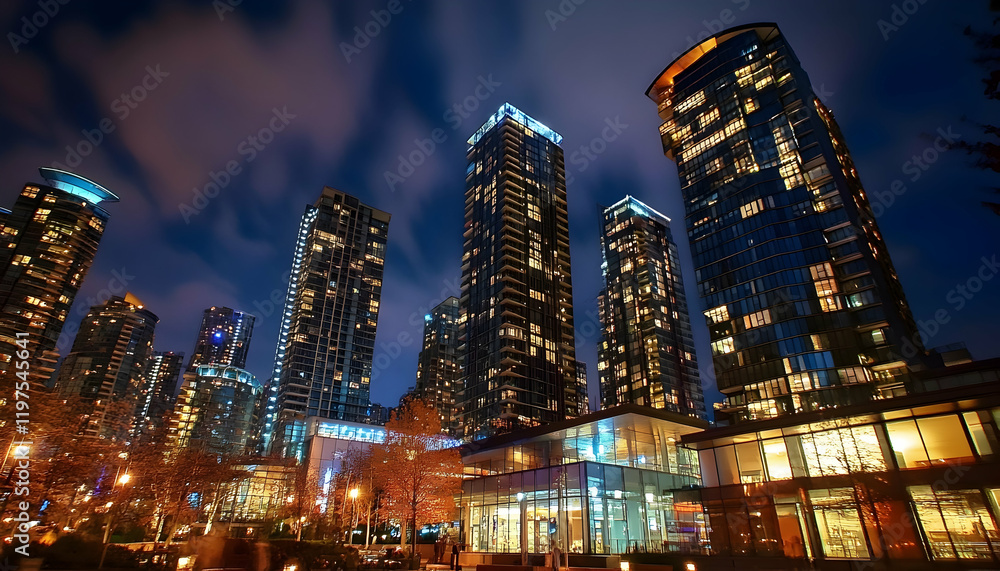 Fototapeta premium City Symphony: harmonious alignment of high-rise buildings glowing under night lights -