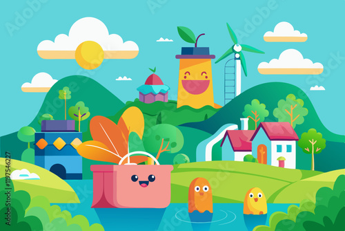 Cheerful Illustration of Sustainable Living with Reusable Bag, Wind Farm, and Green Countryside