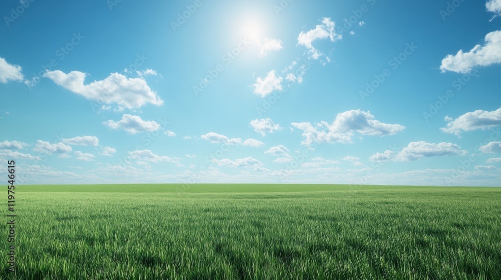 Obraz premium Vast open landscape with lush green grass under a bright blue sky with fluffy clouds. Generative AI