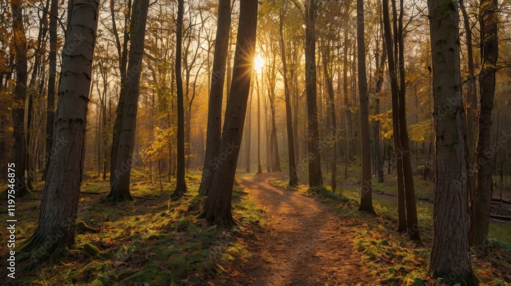 A forest path is illuminated by the sun, casting a warm glow on the trees A forest path is illuminated by the sun, casting a warm glow on the trees