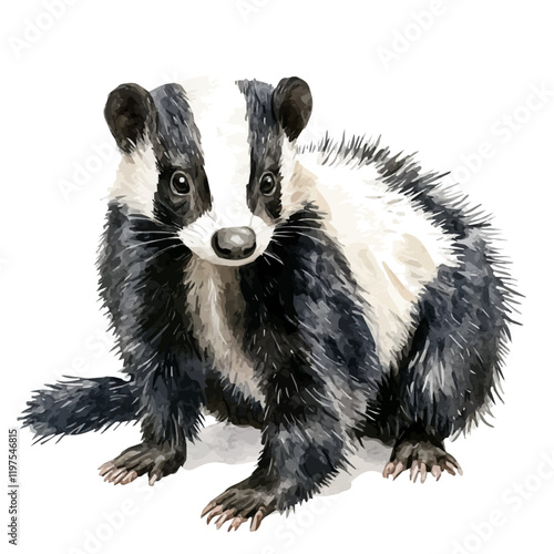 A watercolor illustration of a skunk, isolated on a white background. Skunk vector.
