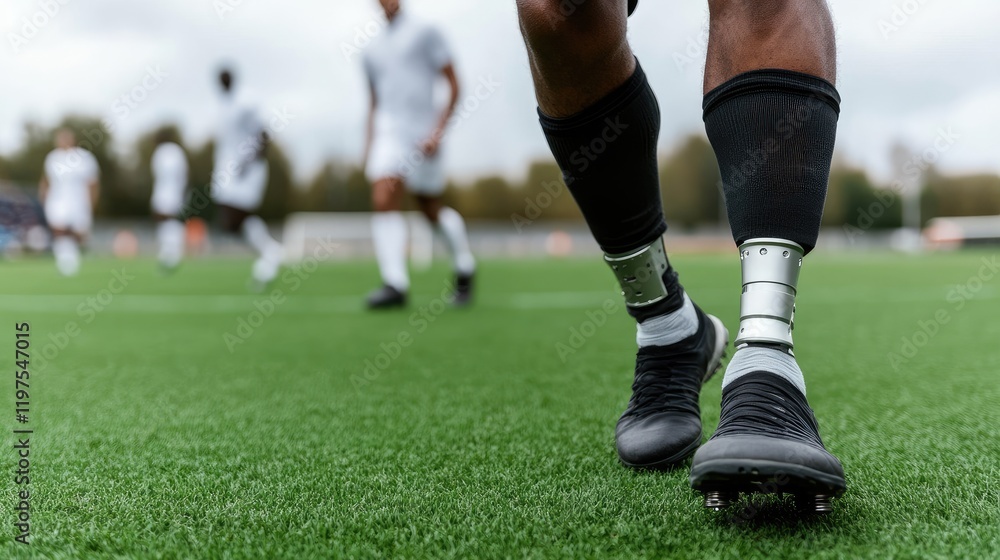 An African American amputee practices training on a sunny day in a grassy field, showcasing determination and resilience in shorts An African American amputee practices training on a sunny day in a grassy field, showcasing determination and resilience in shorts