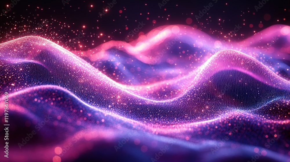 Abstract glowing pink and blue wavy particles on black background. Abstract glowing pink and blue wavy particles on black background.