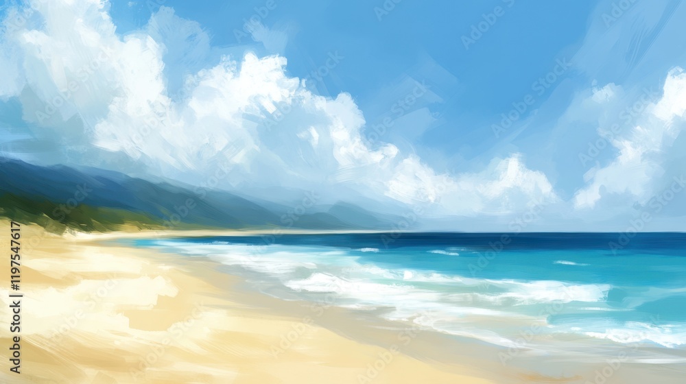 Serene Beach Landscape with Gentle Waves and Blue Sky Serene Beach Landscape with Gentle Waves and Blue Sky