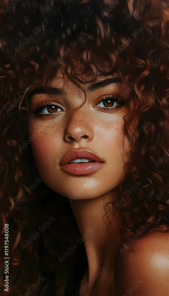 Close-up portrait of a woman with curly hair blending shades of brown and red - Close-up portrait of a woman with curly hair blending shades of brown and red -