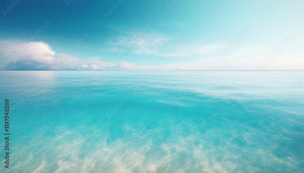 Obraz premium A serene and tranquil seascape of a calm ocean meeting a clear blue sky. The water is a crystal-clear turquoise color, and the surface is gently rippled by a soft breeze.