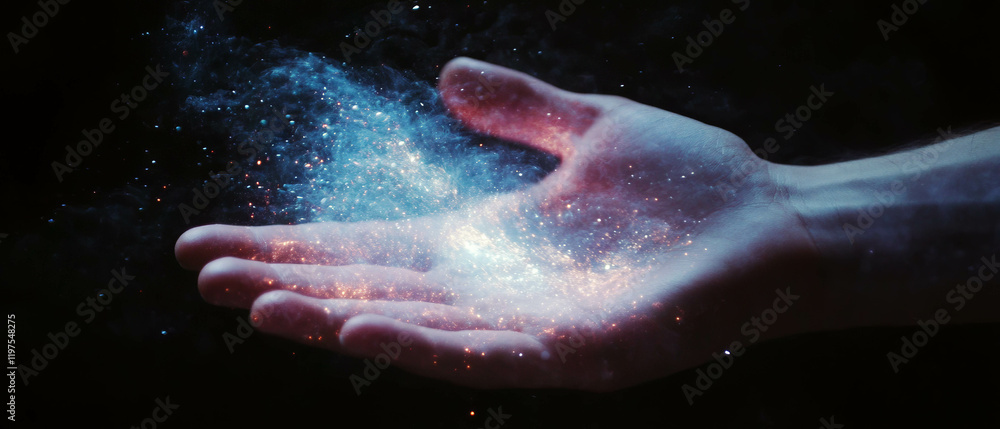 Fototapeta premium Mystical hand casting a spell with glowing energy in a dark setting