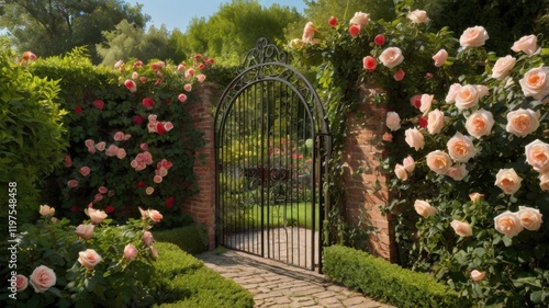 A gate with a wrought iron design is surrounded by a garden of pink flowers