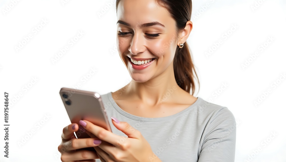Smiling Woman Using Smartphone, Joyful Mobile Experience Smiling Woman Using Smartphone, Joyful Mobile Experience
