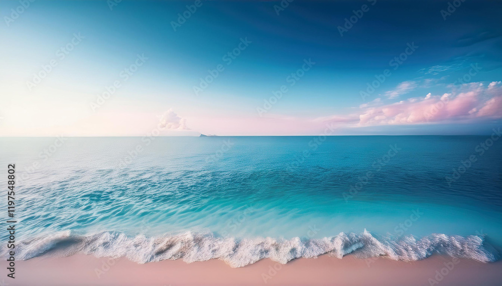 A serene and tranquil seascape of a calm ocean meeting a clear blue sky. The water is a crystal-clear turquoise color, and the surface is gently rippled by a soft breeze. A few fluffy white clouds