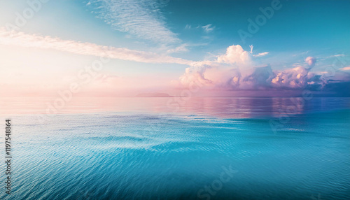 Obraz na płótnie A serene and tranquil seascape of a calm ocean meeting a clear blue sky. The water is a crystal-clear turquoise color, and the surface is gently rippled by a soft breeze. w salonie