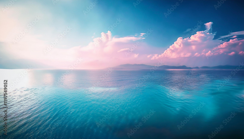 A serene and tranquil seascape of a calm ocean meeting a clear blue sky. The water is a crystal-clear turquoise color, and the surface is gently rippled by a soft breeze.