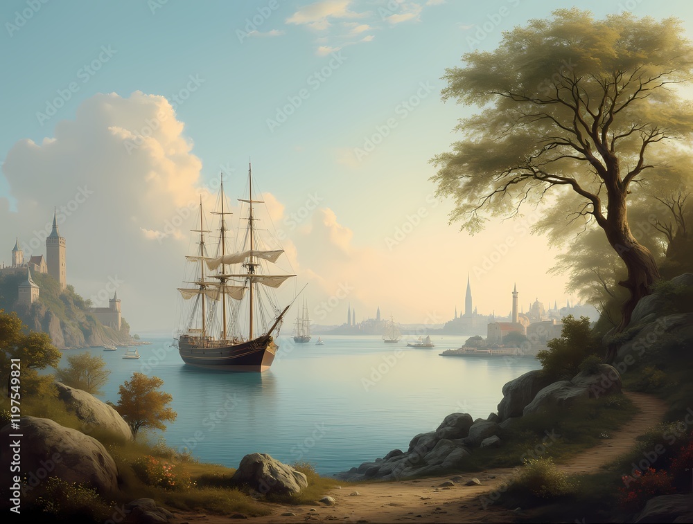 Create a picturesque coastal scene in a classic European style. A large sailing ship at anchor and a city skyline partially hidden by trees Create a picturesque coastal scene in a classic European style. A large sailing ship at anchor and a city skyline partially hidden by trees