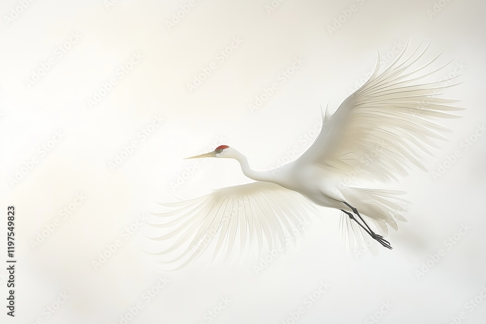 Obraz premium This elegant bird, reminiscent of a traditional crane painting, soars gracefully against a soft background, capturing the essence of tranquility and beauty.