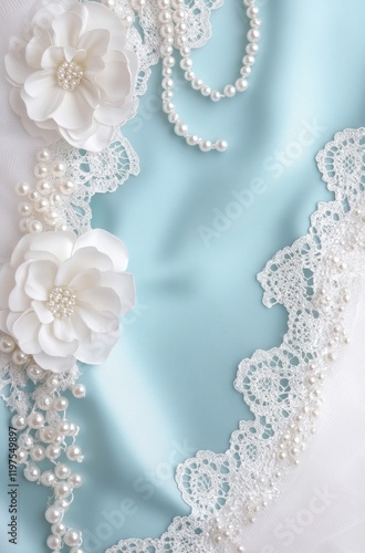 Elegant pearl and lace adornments on satin fabric; wedding invitation background