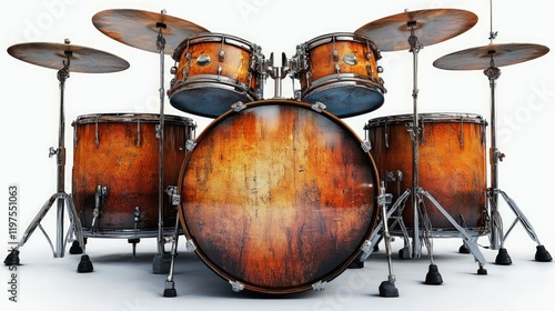 A vintage-looking drum set with a warm, orange-brown finish.  photo