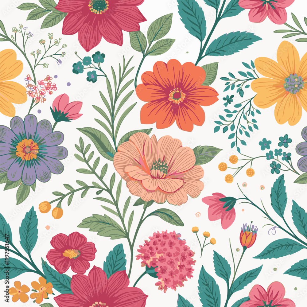 Seamless Floral Pattern with Diverse Botanical Flowers Seamless Floral Pattern with Diverse Botanical Flowers
