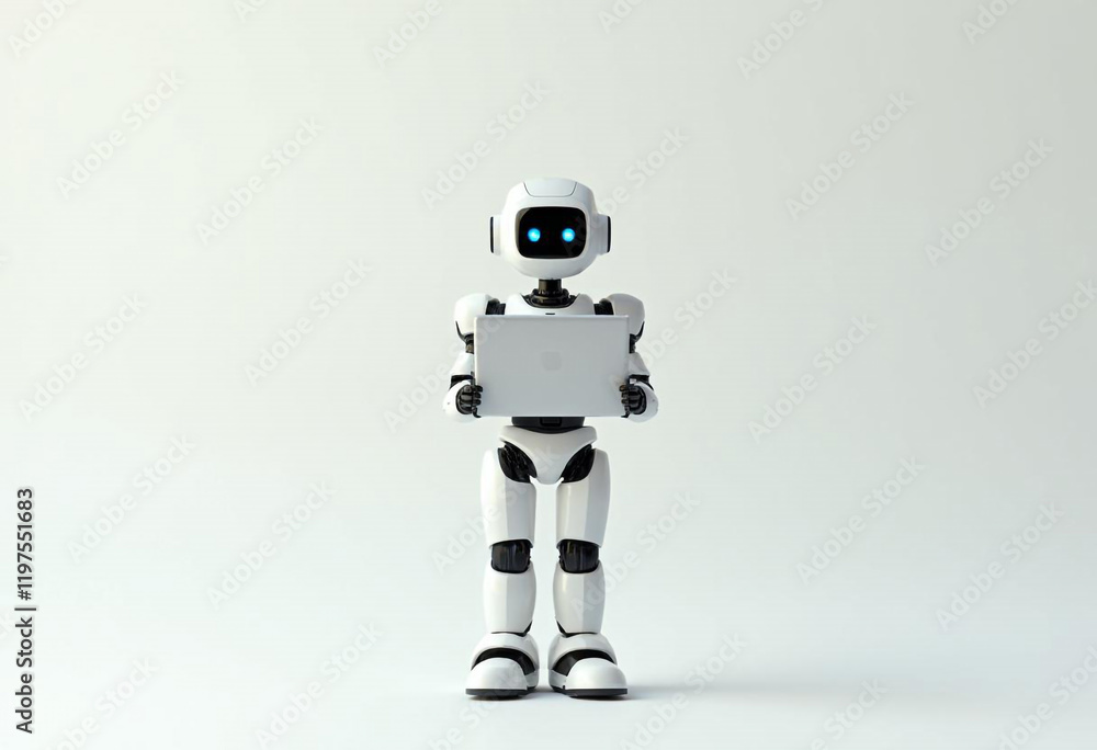 Futuristic Humanoid Figure Interacting with Laptop Futuristic Humanoid Figure Interacting with Laptop
