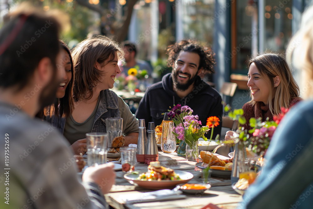 A group of people are sitting around a table eating and laughing A group of people are sitting around a table eating and laughing