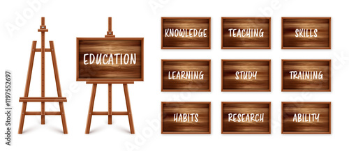 Wooden chalkboard on easel. Blackboard in wooden frame on a tripod. Presentation board with text, writing or drawing surface. Online studying, e-learning and education. Vector illustration