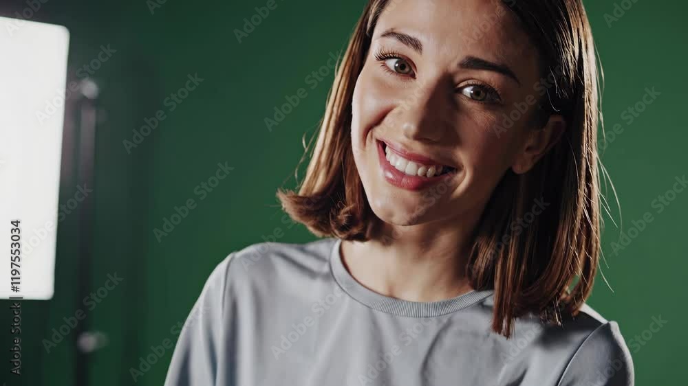 Young charming woman presenting something on green screen Young charming woman presenting something on green screen