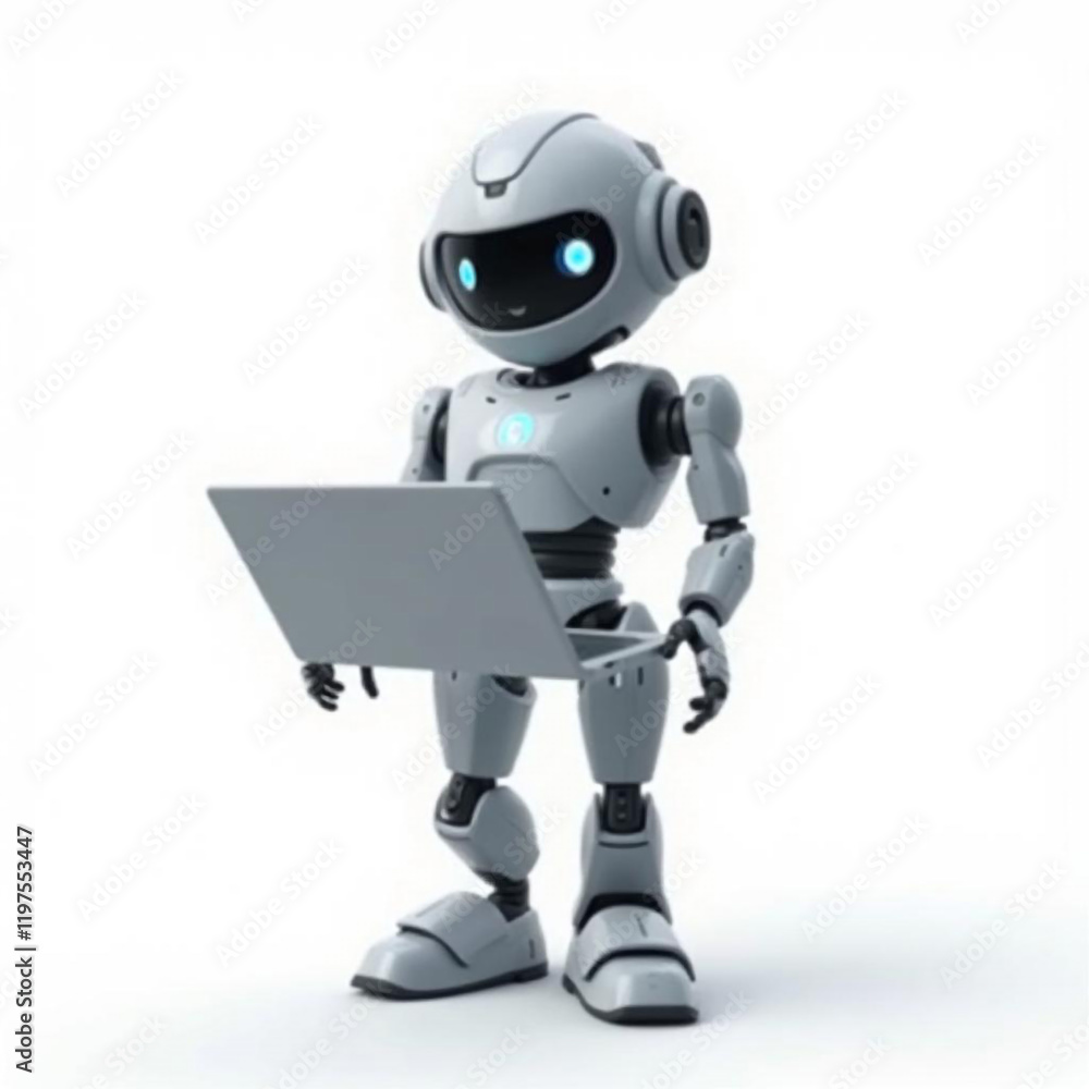 Futuristic Humanoid Figure Interacting with Laptop Futuristic Humanoid Figure Interacting with Laptop