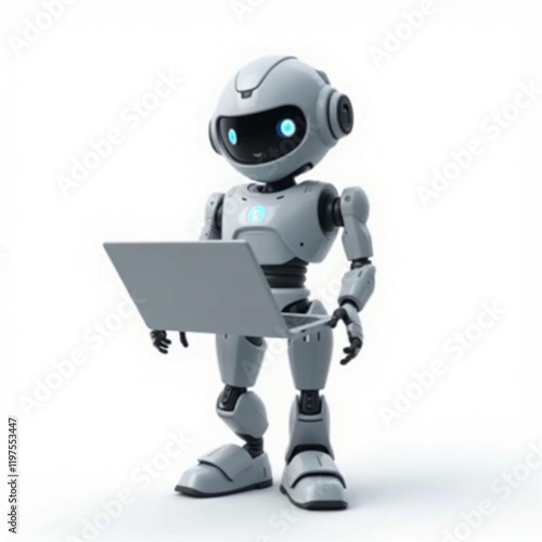 Futuristic Humanoid Figure Interacting with Laptop