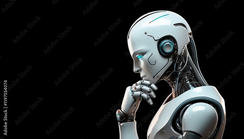 Humanoid robot in thoughtful pose against black background Humanoid robot in thoughtful pose against black background