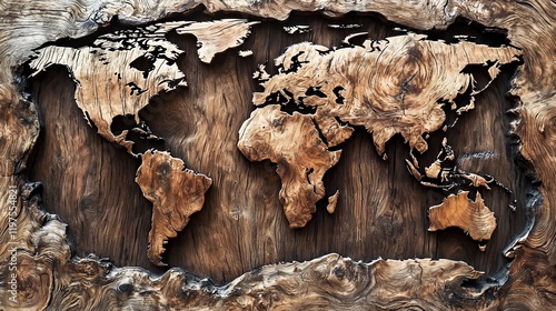 Intricate Wooden World Map: A Hand-Carved Masterpiece Showcasing Global Topography