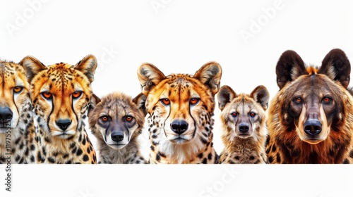 Group of wild animals  cheetah, bear, wolf, and hyena isolated on a white background