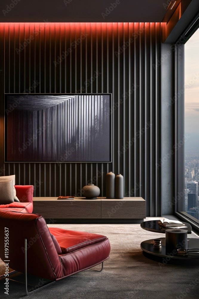 Obraz premium Modern living room design with sleek furniture and city view at dusk