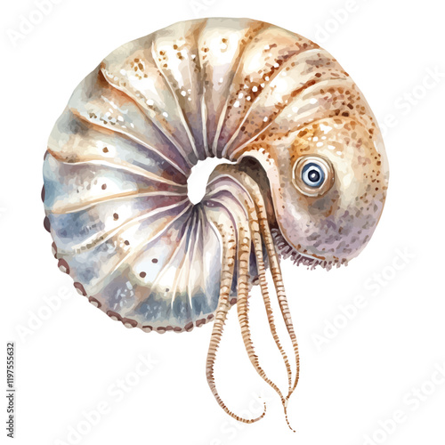 A watercolor illustration of a nautilus, isolated on a white background. Nautilus vector.
