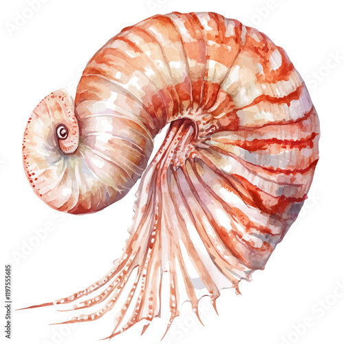 A watercolor illustration of a nautilus, isolated on a white background. Nautilus vector.
