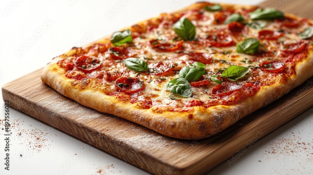 A close-up of a rectangular pepperoni pizza with melted mozzarella cheese and fresh basil leaves, resting on a wooden cutting board. A close-up of a rectangular pepperoni pizza with melted mozzarella cheese and fresh basil leaves, resting on a wooden cutting board.