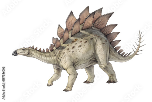 Stegosaurus: An intricate illustration of a Stegosaurus, a large herbivorous dinosaur with distinctive bony plates along its back and spiked tail. photo