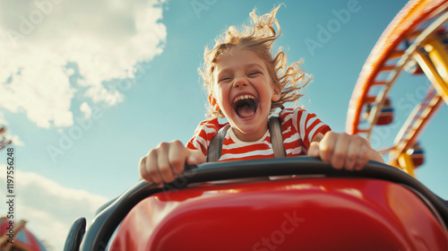 A child rides a rollercoaster with a hysterically happy face on an amusement ride, Ai generated Images.