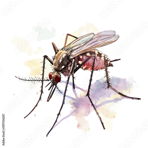 A watercolor painting of a mosquito hovering over a leaf, isolated on a white background. Mosquito vector.
