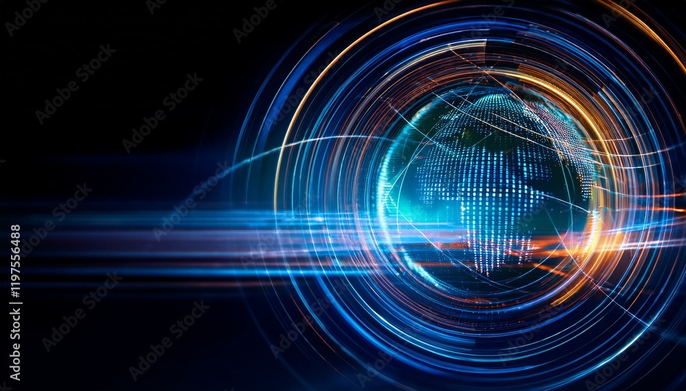 Fototapeta premium Global network connection, digital earth, futuristic technology. The image depicts a stylized Earth surrounded by glowing, circular technological elements.