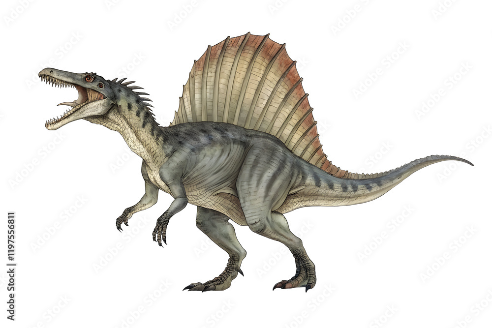 Fototapeta premium Spinosaurus Illustration: A detailed illustration of a Spinosaurus, a fearsome dinosaur known for its unique sail-like fin on its back.