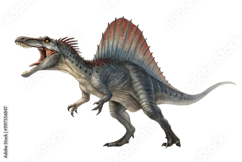 Fototapeta Naklejka Na Ścianę i Meble -  Spinosaurus Roars: A fearsome Spinosaurus, the largest known predatory dinosaur, roars with its jaws agape and distinctive sail fin fully extended.