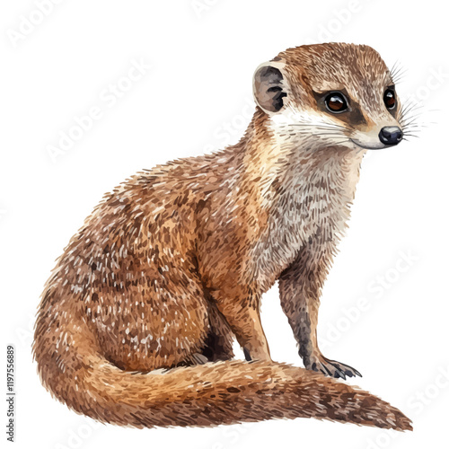 A watercolor of a mongoose standing on a rock, looking around in a grassy field, isolated on a white background. Mongoose vector.
