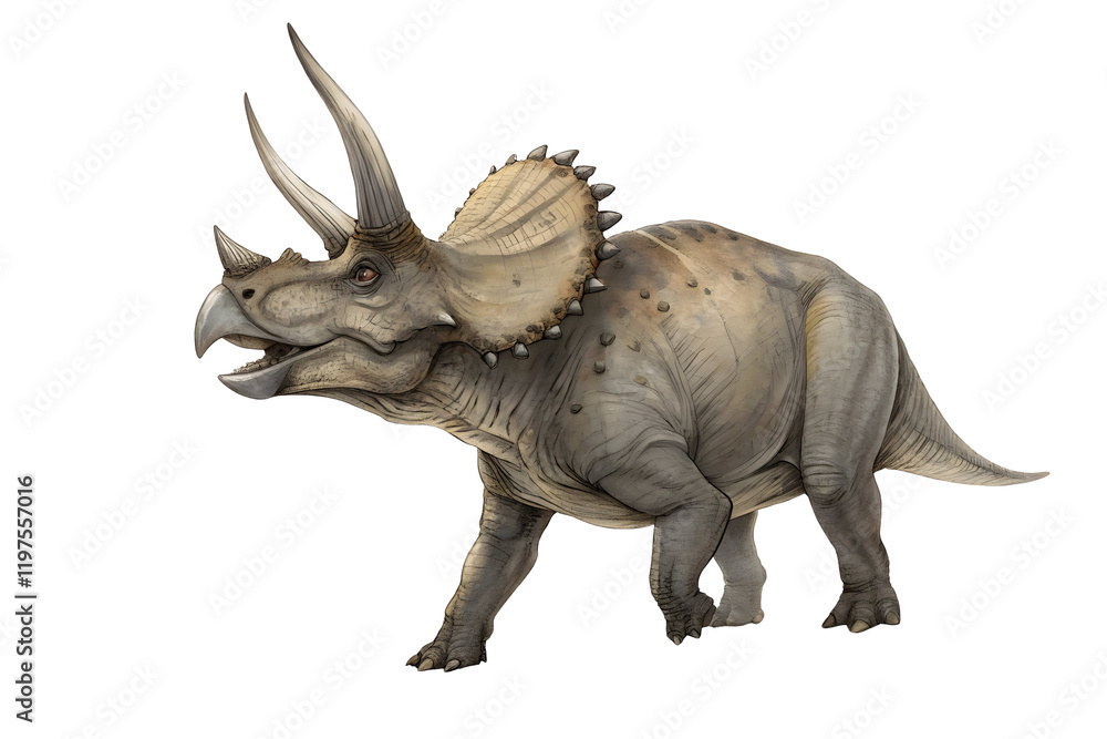 Obraz premium Triceratops: A digital illustration of a majestic Triceratops, an iconic herbivorous dinosaur with three horns and a frill, showcasing its imposing presence and prehistoric power.