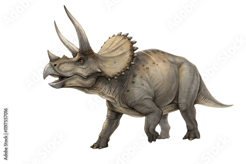 Fototapeta Naklejka Na Ścianę i Meble -  Triceratops:  A digital illustration of a majestic Triceratops, an iconic herbivorous dinosaur with three horns and a frill, showcasing its imposing presence and prehistoric power.