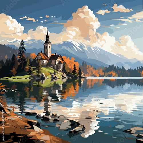 Lake Bled hand-drawn comic illustration. Lake Bled. Vector doodle style cartoon illustration